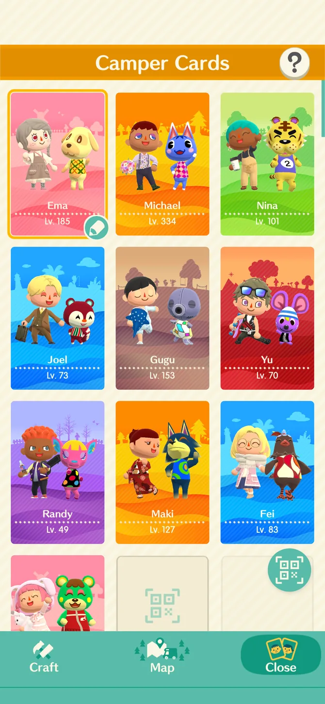 Ecrã Camper Cards com nove cartões de campistas coloridos e botões Craft, Map e Close