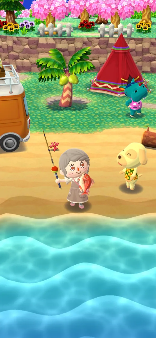 Animal Crossing Pocket Camp Complete: personagem de cana na mão na praia, ao lado de um cão amarelo