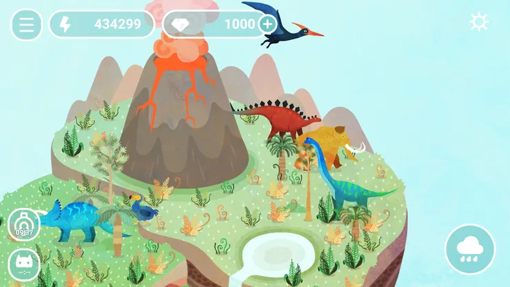 Desertopia: ilha com vulcão e dinossauros, botão da chuva no canto inferior direito