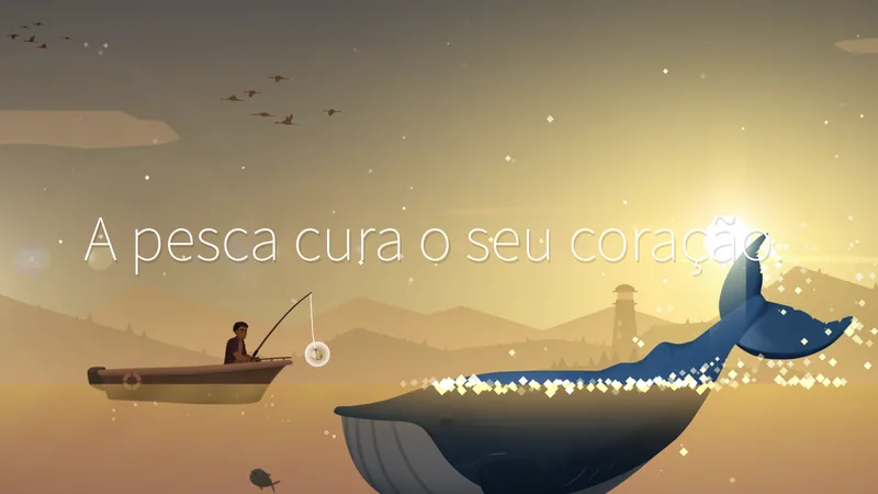 Fishing Life: barco pequeno ao pôr do sol e uma baleia azul a sair da água ao lado