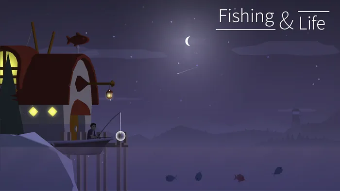Casa de pesca de Fishing Life num fim de dia arroxeado, com um pescador sentado no pontão