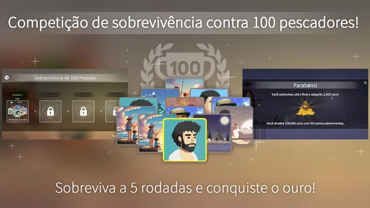 Ecrã promocional de Fishing Life sobre uma competição de sobrevivência contra 100 pescadores