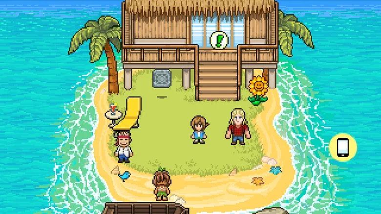 Fishing Paradiso em pixel art: cabana de colmo numa ilha de areia com cinco personagens à volta