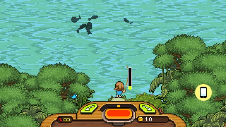 Ecrã de pesca de Fishing Paradiso com contador de moedas em 10 e ícone de telemóvel à direita