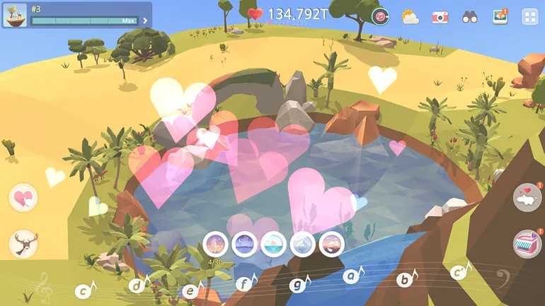 My Oasis: corações cor-de-rosa a subir de um lago entre palmeiras, contador 134.792T no topo