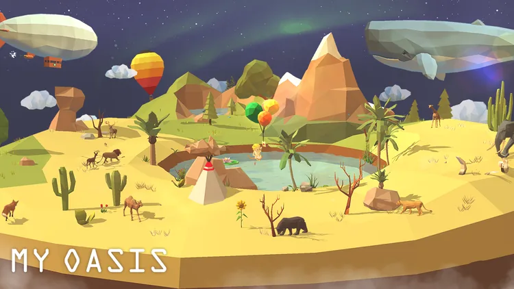 My Oasis de noite: deserto com aurora verde, dirigível, balão de ar quente e uma baleia voadora