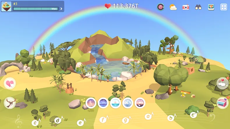 My Oasis: oásis em low poly com arco-íris e oito notas musicais de dó a dó na base do ecrã