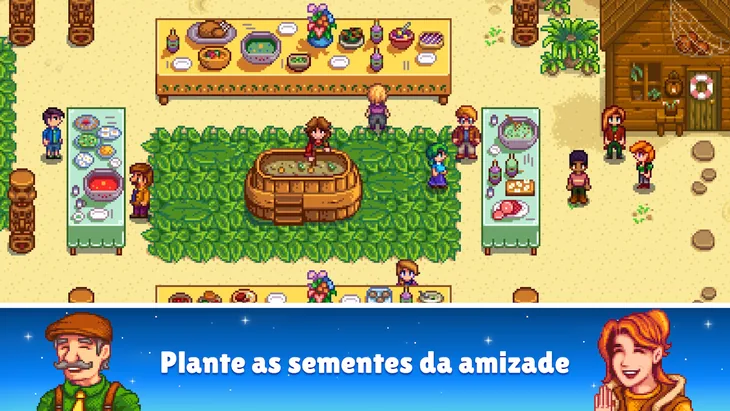Mesas de comida à volta de um grande caldeirão na areia, com habitantes de Stardew Valley em pé