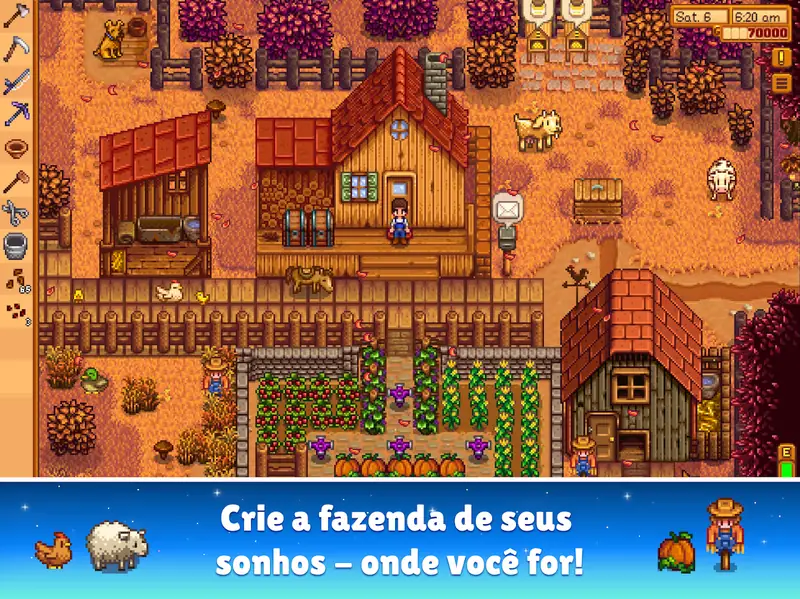 Stardew Valley: quinta no outono com relógio no canto a marcar sábado 6, 6:20 da manhã